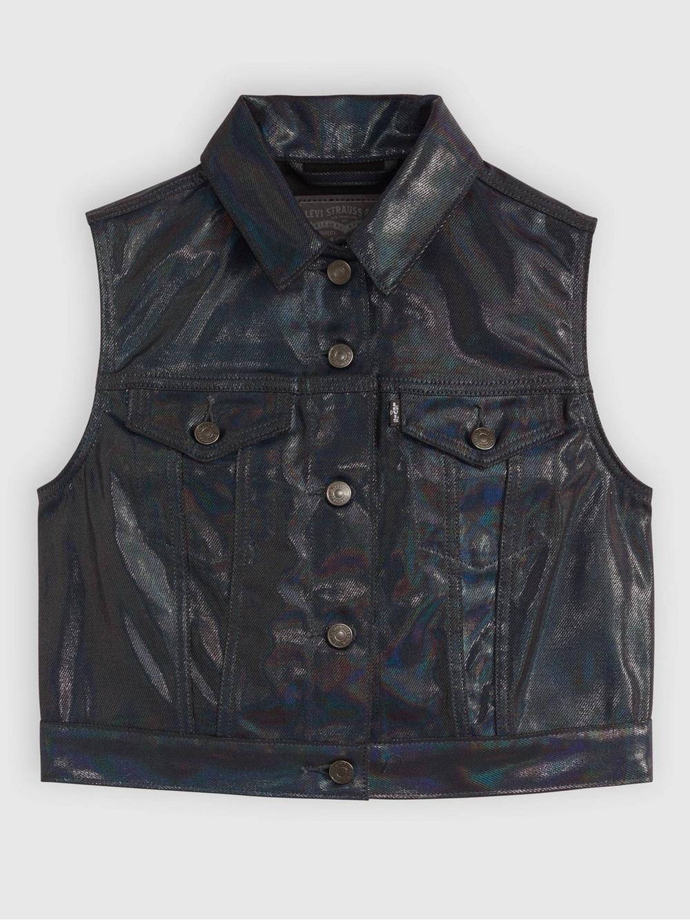 💕 LEVI’S XS vest in luminous night, NEW size L navy coated denim multi trucker
